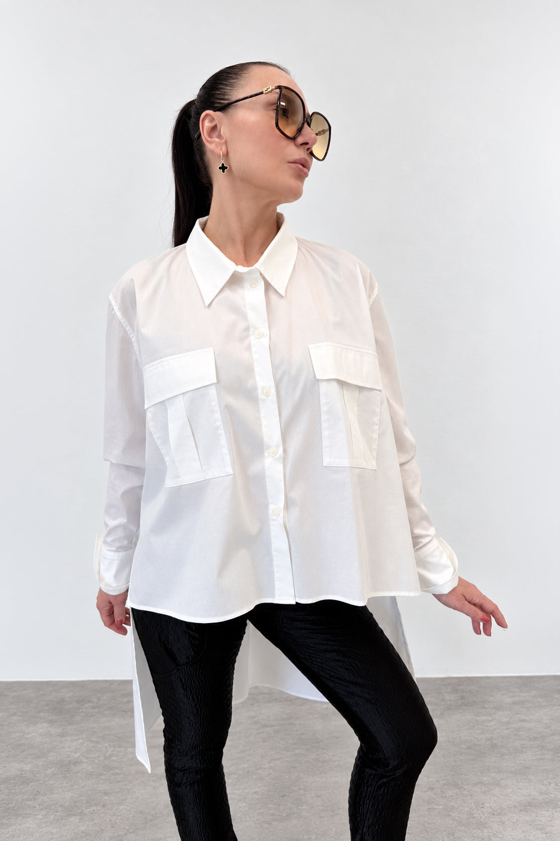 White asymmetric cotton shirt - large front pockets, high-low hem, long sleeves with buttoned cuffs, Anel | EUG Fashion #white
