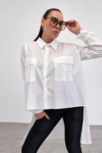 White asymmetric cotton shirt - large front pockets, high-low hem, long sleeves with buttoned cuffs, Anel | EUG Fashion #white
