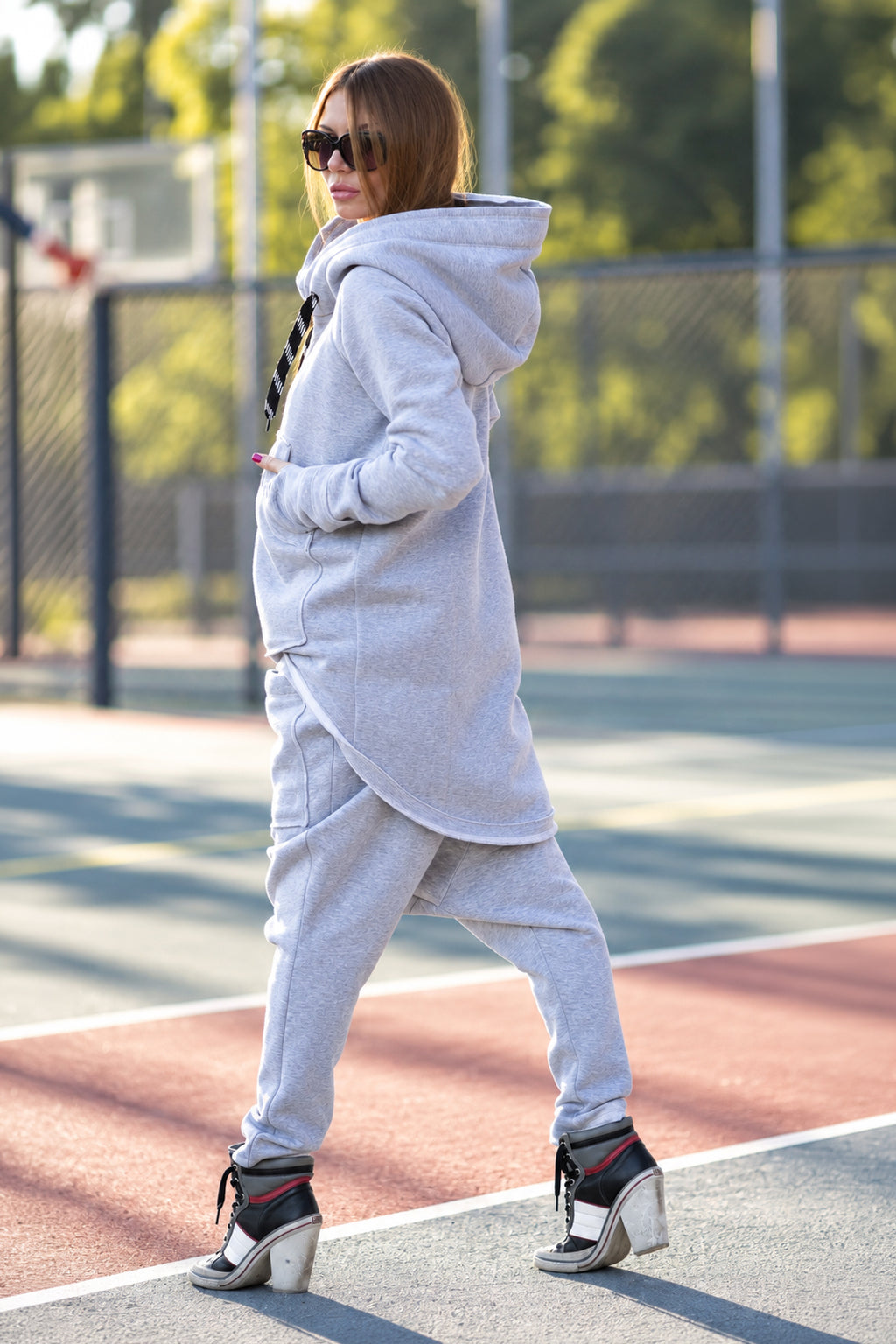 Light Grey winter tracksuit - hooded zip-up sweatshirt and harem pants with pockets, Mell | EUG Fashion #light-grey