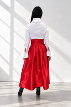 Red handmade taffeta long skirt - wide waistband, deep pleats and statement flower brooch, Rubin | EUG Fashion #red