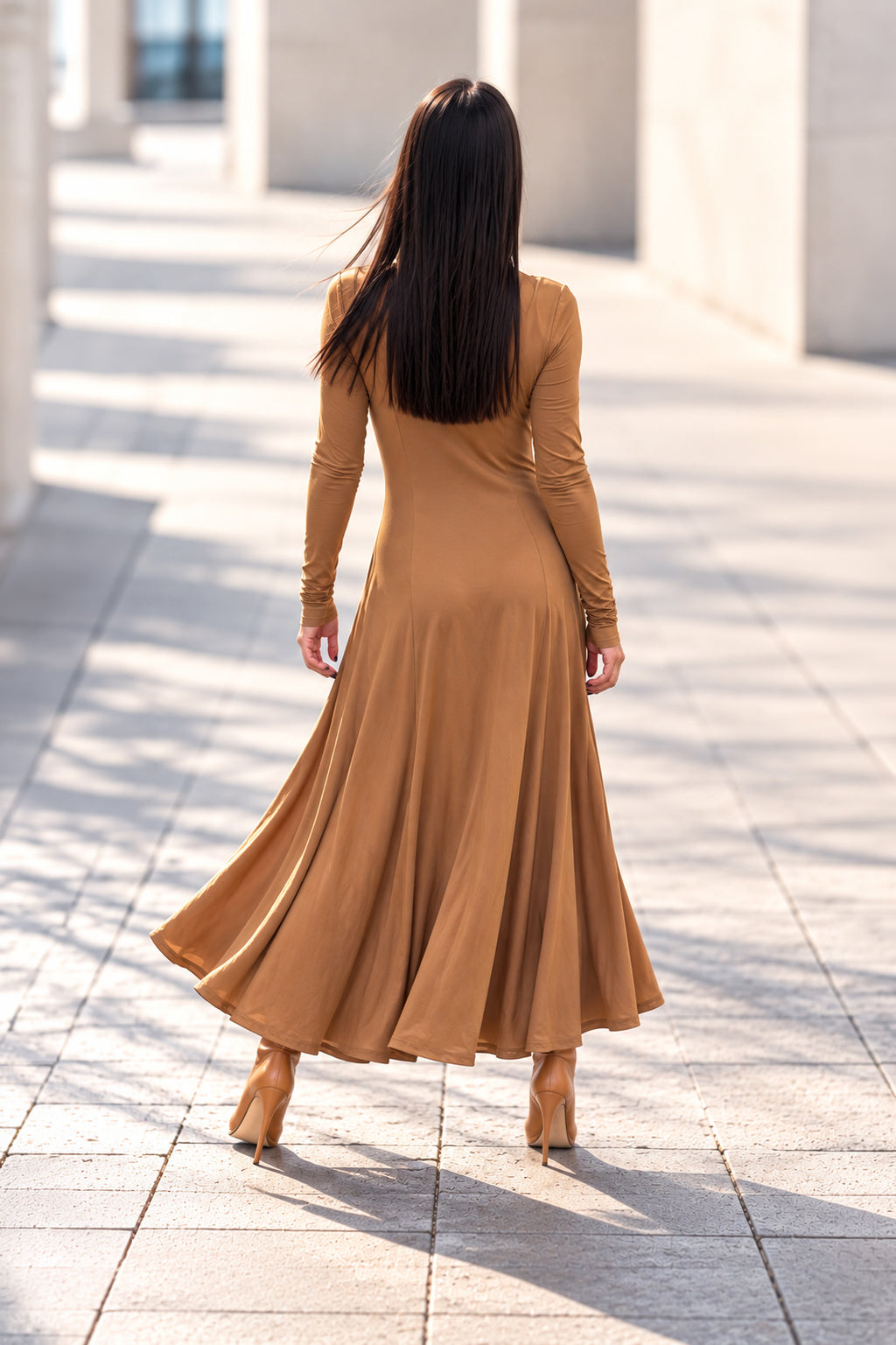 Beige viscose A-line long dress - V-neckline, narrow sleeves and wide flared skirt, Danetta | EUG Fashion #beige