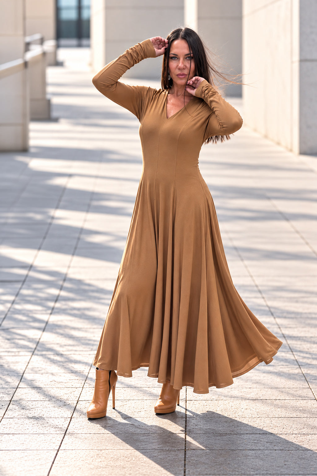 Beige viscose A-line long dress - V-neckline, narrow sleeves and wide flared skirt, Danetta | EUG Fashion #beige