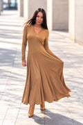 Beige viscose A-line long dress - V-neckline, narrow sleeves and wide flared skirt, Danetta | EUG Fashion #beige