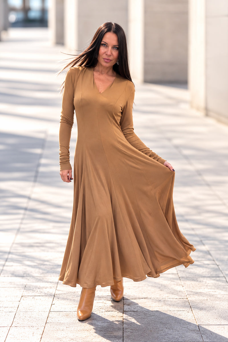 Beige viscose A-line long dress - V-neckline, narrow sleeves and wide flared skirt, Danetta | EUG Fashion #beige