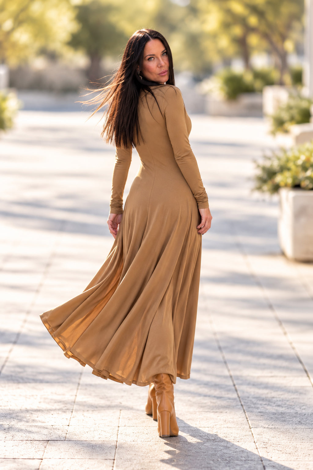 Beige viscose A-line long dress - V-neckline, narrow sleeves and wide flared skirt, Danetta | EUG Fashion #beige