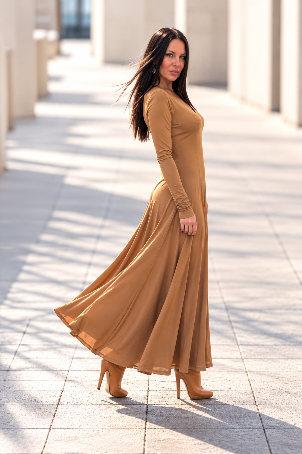 Beige viscose A-line long dress - V-neckline, narrow sleeves and wide flared skirt, Danetta | EUG Fashion #beige