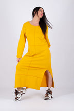 Mustard cotton terry long dress - loose silhouette, decorative raised seams, side pockets and two side slits, Gabrielle | EUG Fashion #mustard