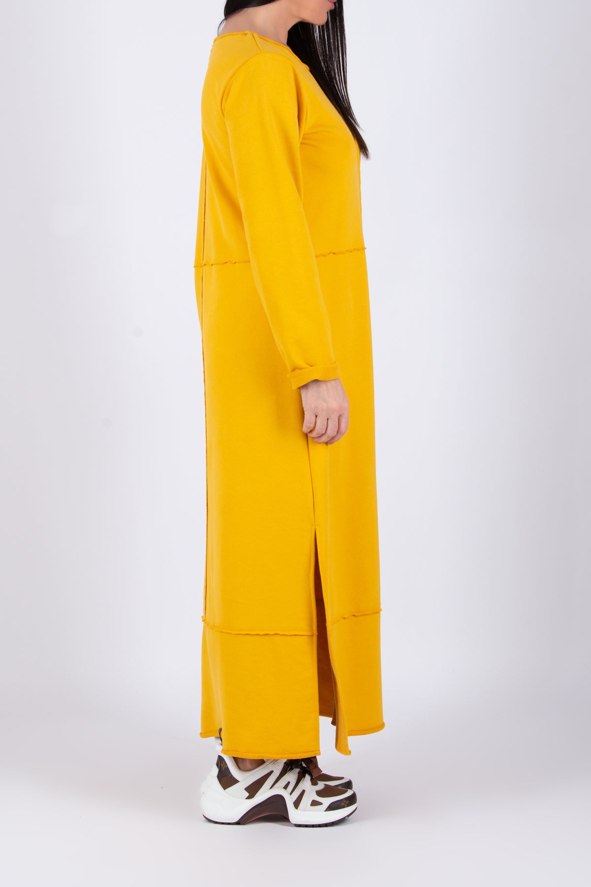 Mustard cotton terry long dress - loose silhouette, decorative raised seams, side pockets and two side slits, Gabrielle | EUG Fashion #mustard
