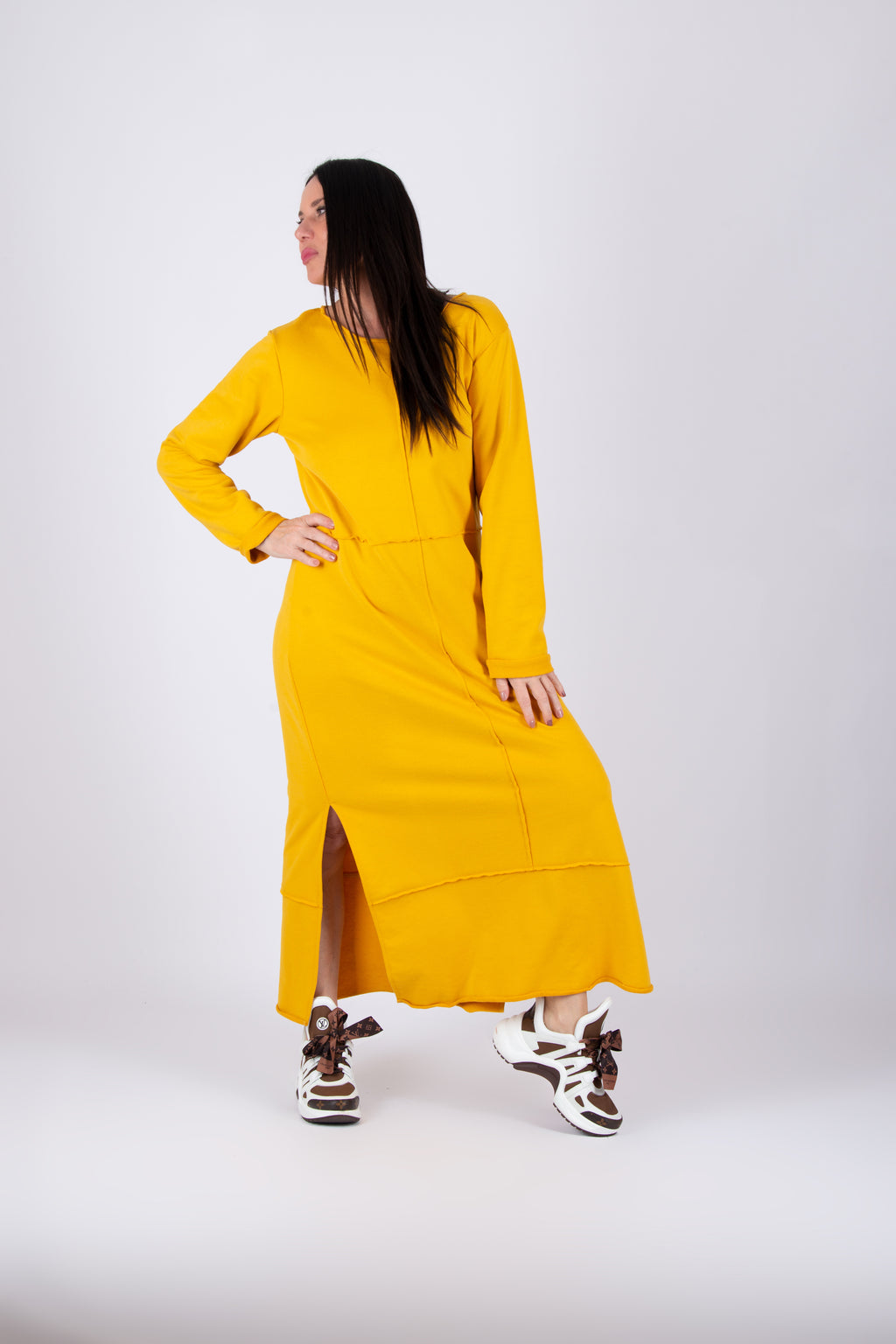 Mustard cotton terry long dress - loose silhouette, decorative raised seams, side pockets and two side slits, Gabrielle | EUG Fashion #mustard
