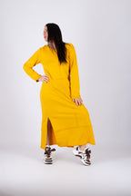 Mustard cotton terry long dress - loose silhouette, decorative raised seams, side pockets and two side slits, Gabrielle | EUG Fashion #mustard