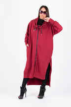 Dark Red long zip-up hooded top - mid-calf length, back print and side pockets, Trani | EUG Fashion #dark-red