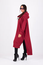 Dark Red long zip-up hooded top - mid-calf length, back print and side pockets, Trani | EUG Fashion #dark-red