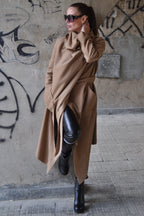 Light brown wool cashmere wrap coat Victoria with belt - EUG Fashion #light-brown
