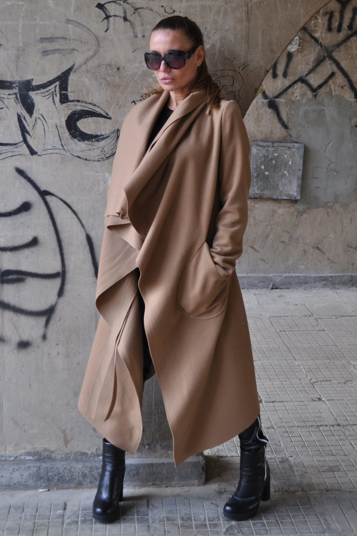 Light brown wool cashmere wrap coat Victoria with belt - EUG Fashion #light-brown
