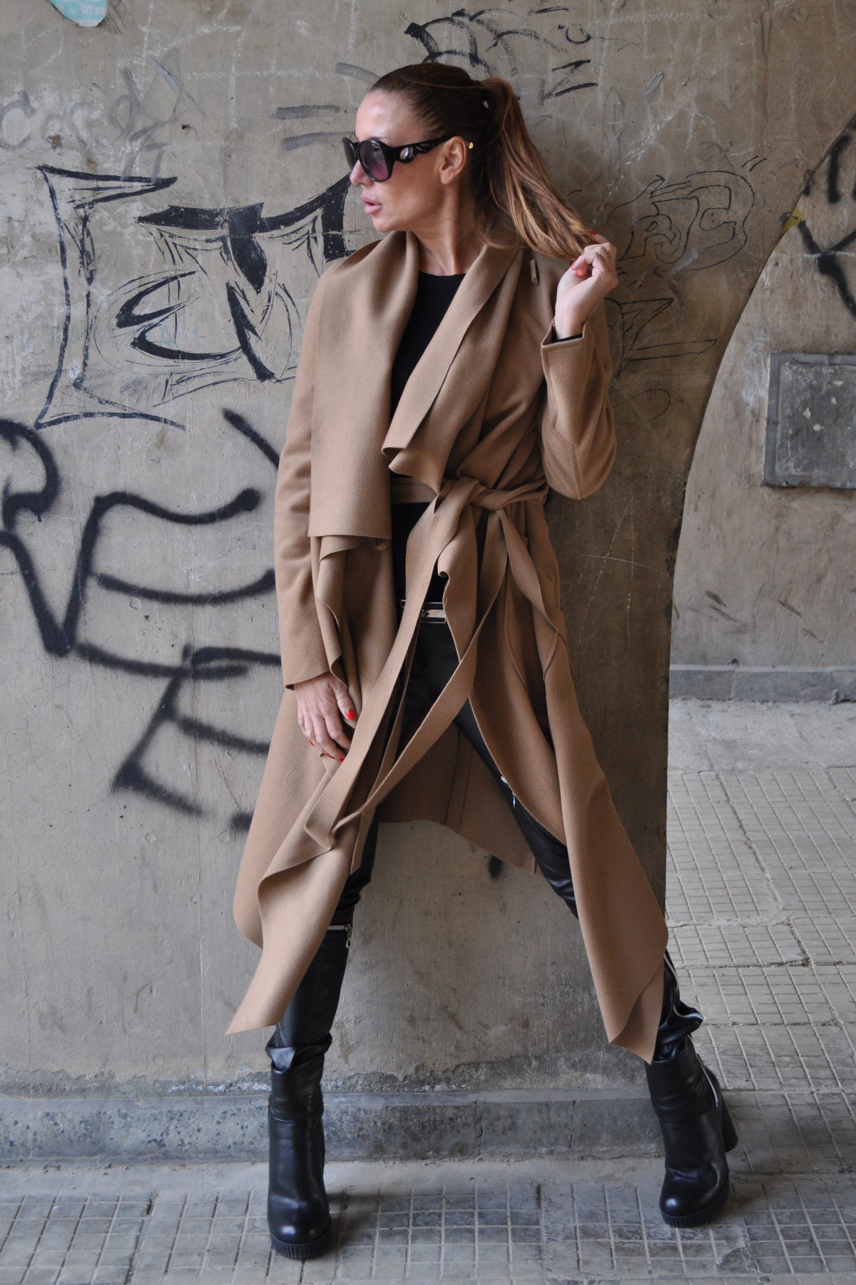 Light brown wool cashmere wrap coat Victoria with belt - EUG Fashion #light-brown
