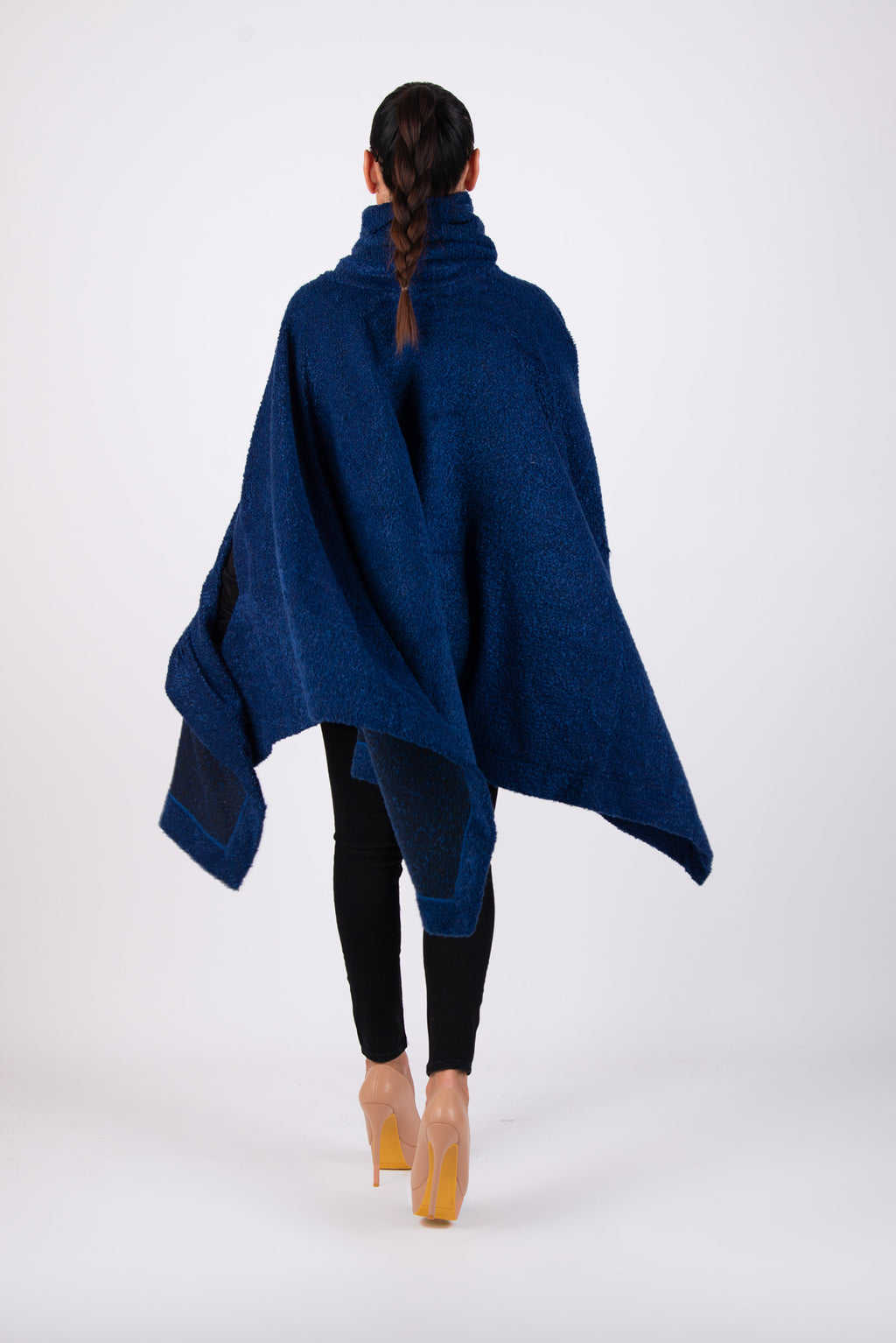 Royal blue soft bouclé knitted poncho with turtleneck and asymmetric arm openings - relaxed silhouette, Eva | EUG Fashion #royal-blue
