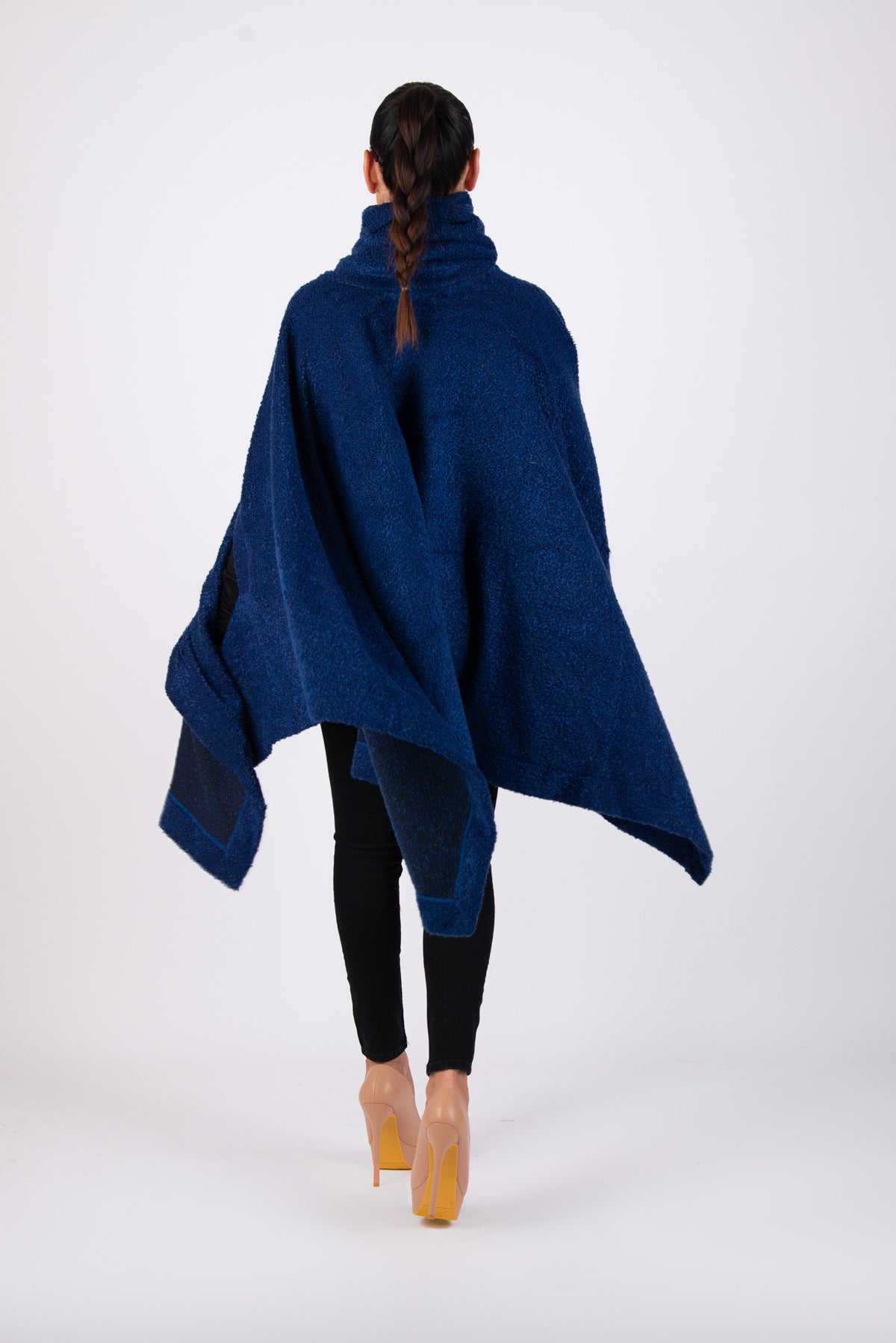 Royal blue soft bouclé knitted poncho with turtleneck and asymmetric arm openings - relaxed silhouette, Eva | EUG Fashion #royal-blue
