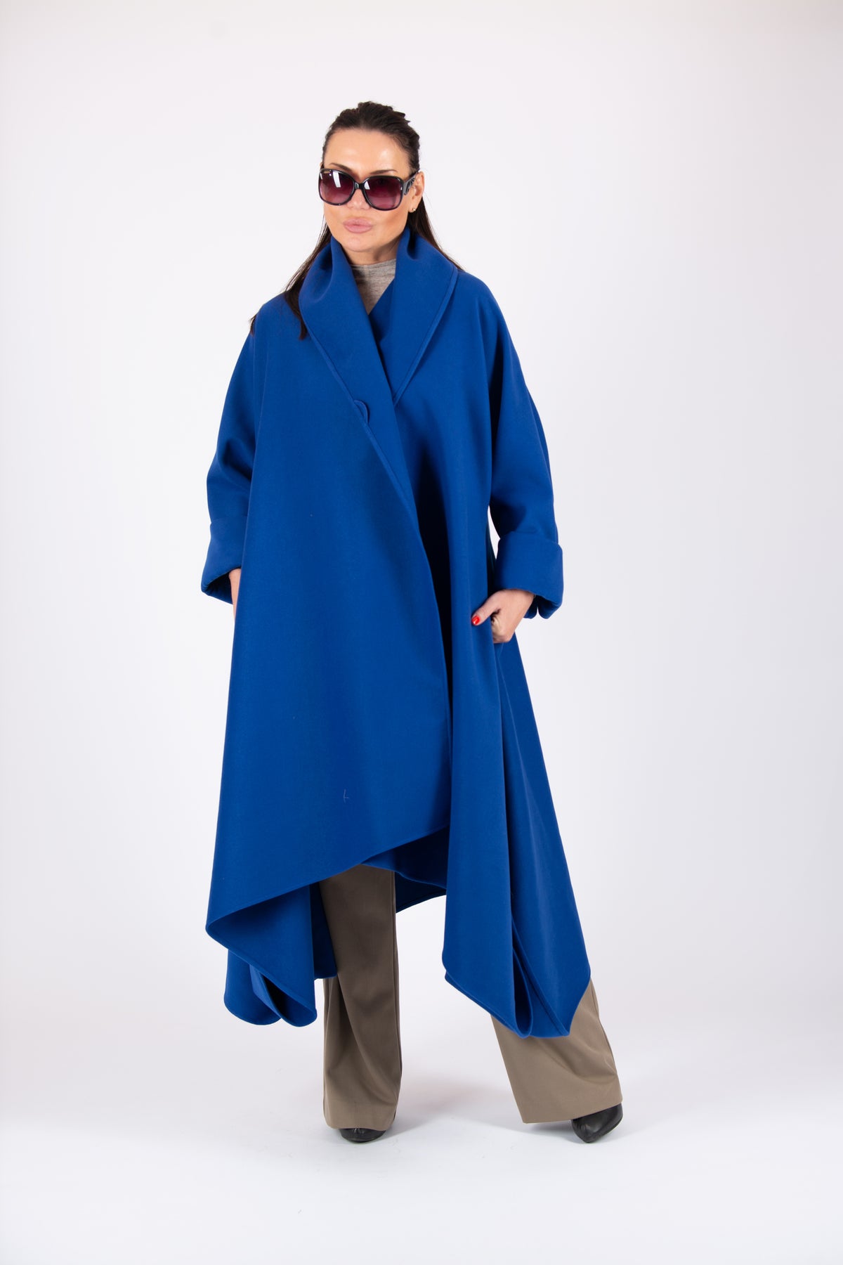 Royal blue wide cape coat Renata with shawl collar - EUG Fashion #royal-blue
