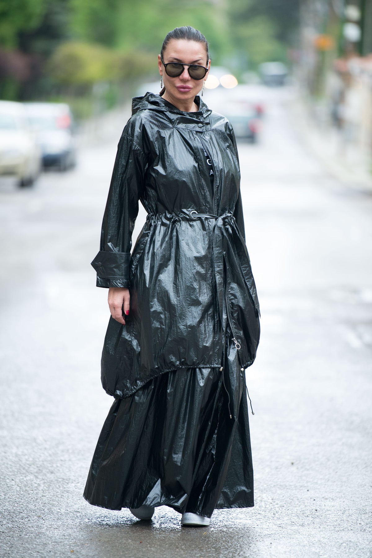 Black crinkle polyester windbreaker EUGF hooded balloon silhouette - EUG Fashion #black
