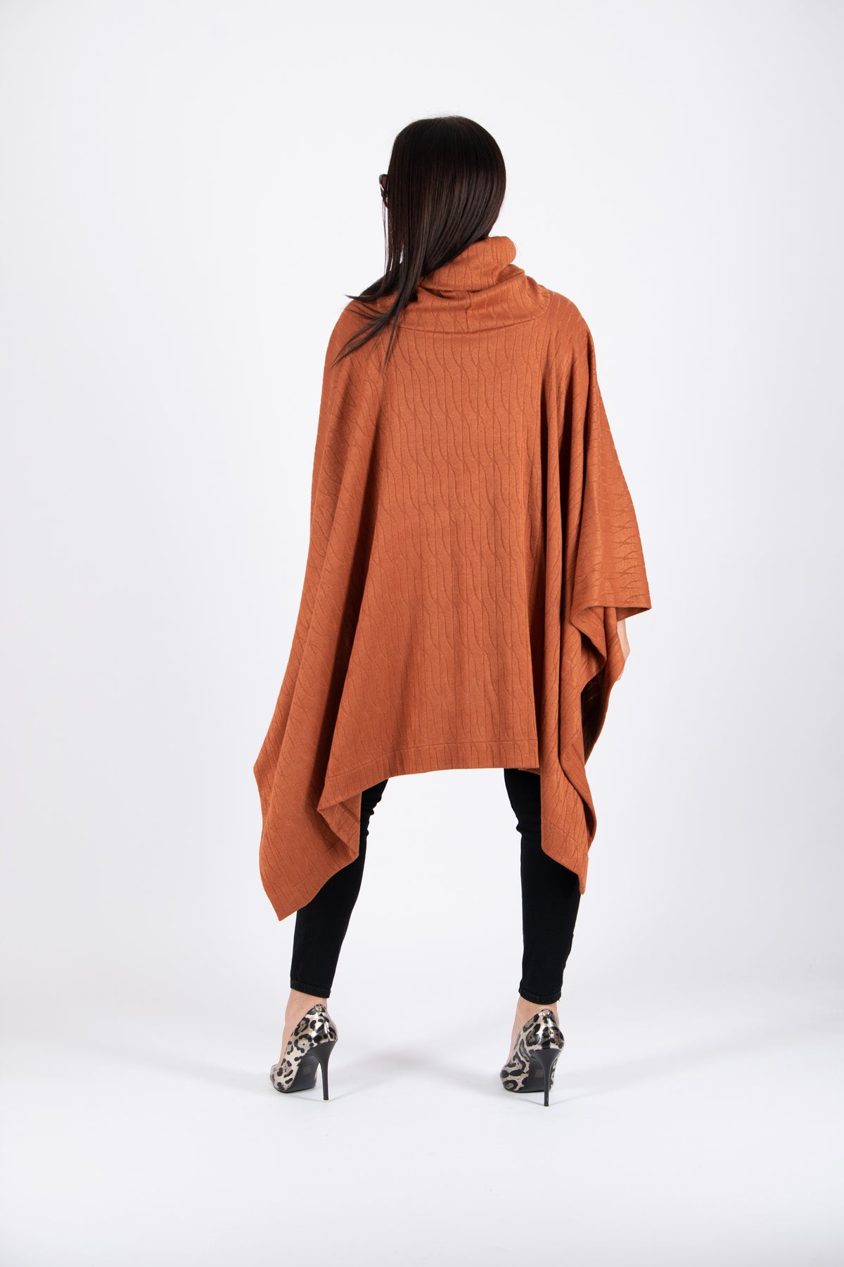Brown warm patterned knit poncho with turtleneck and arm openings - elegant over dresses, Eva | EUG Fashion #brown
