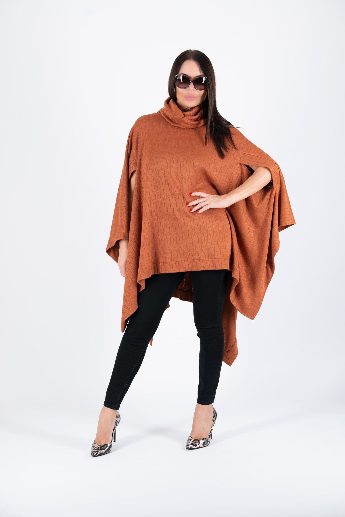 Brown warm patterned knit poncho with turtleneck and arm openings - elegant over dresses, Eva | EUG Fashion #brown
