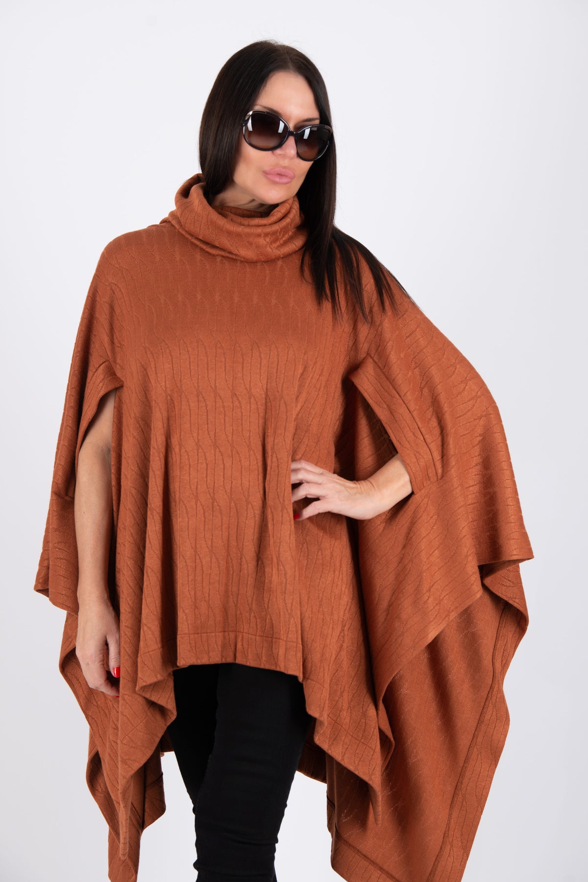 Brown warm patterned knit poncho with turtleneck and arm openings - elegant over dresses, Eva | EUG Fashion #brown
