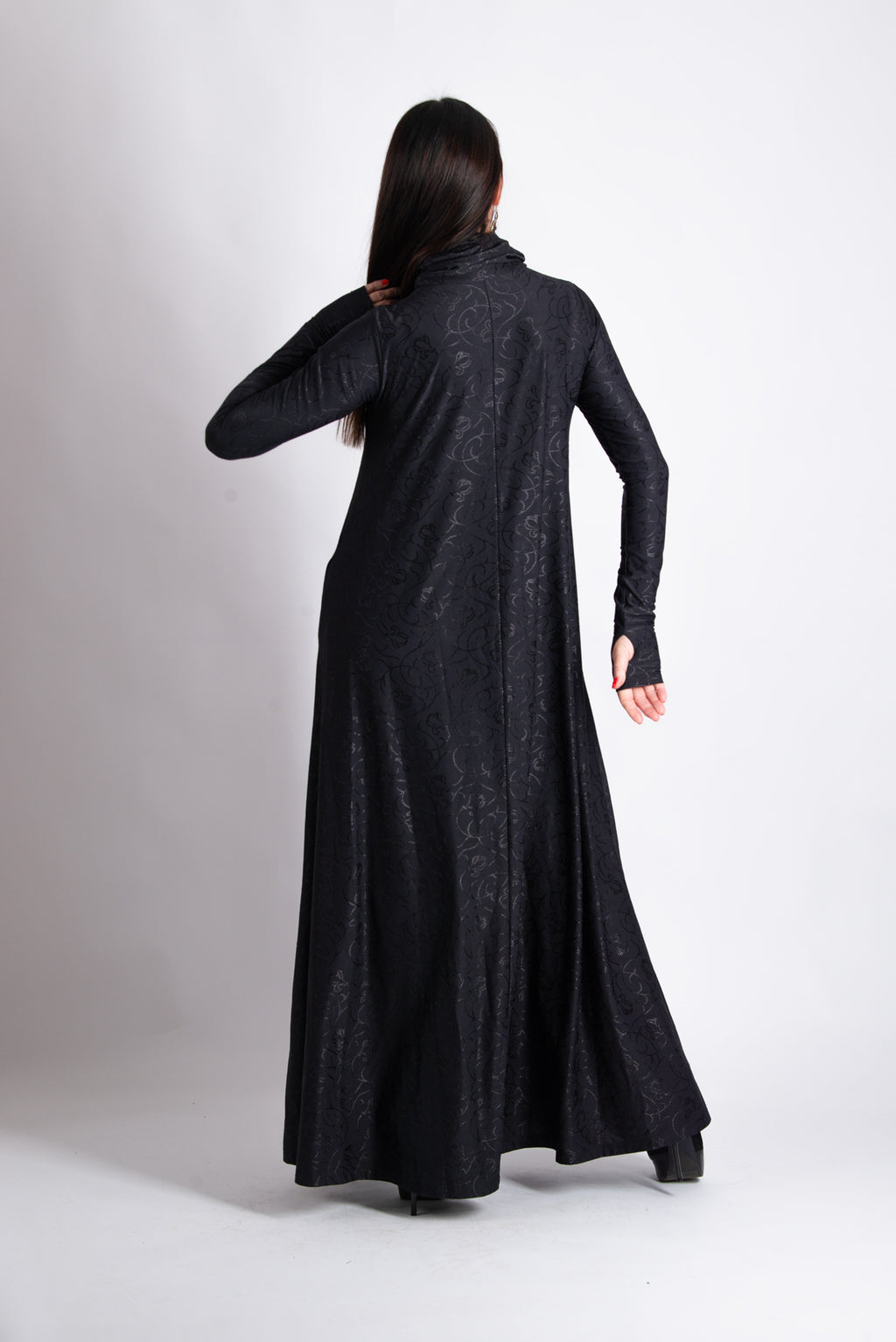 Black floral embroidered turtleneck maxi dress Veronica with silk threads - EUG Fashion #black
