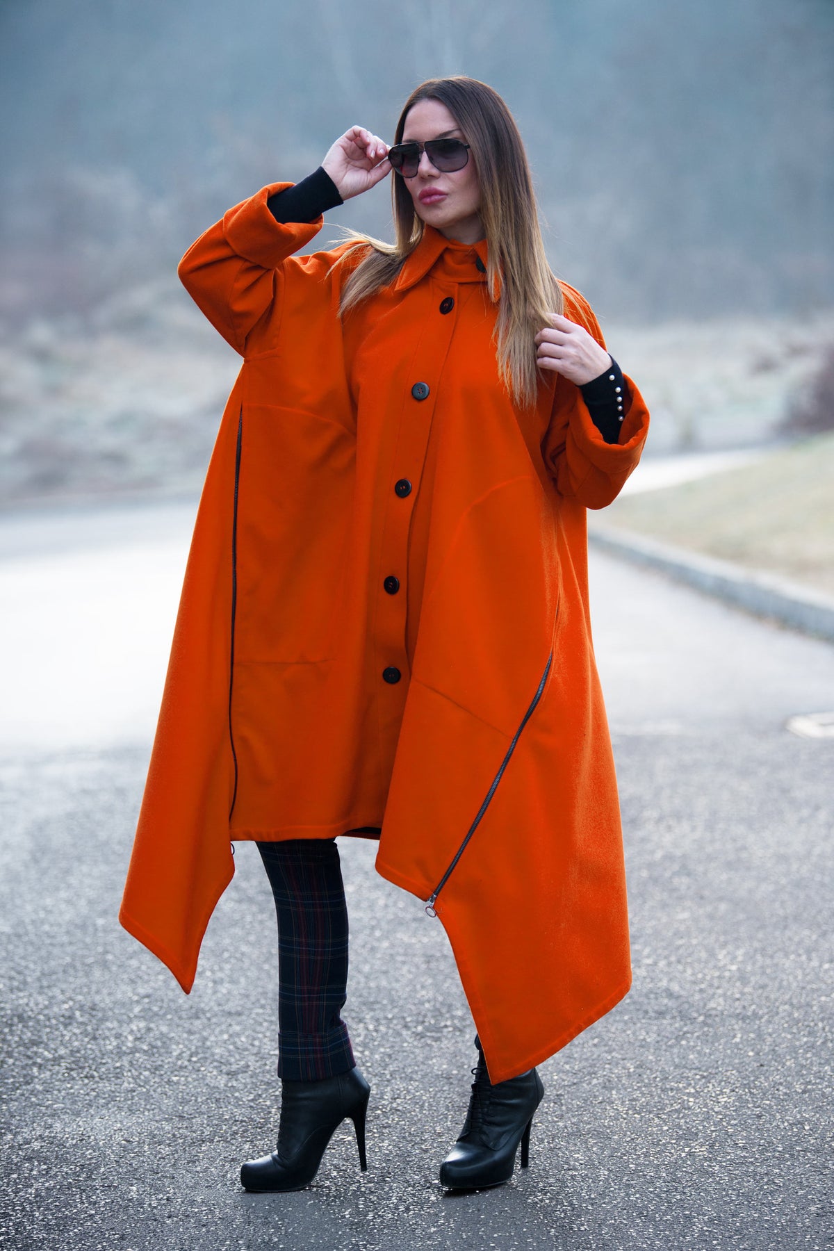 Orange cashmere-feel cape coat with decorative side zippers and classic collar - asymmetric unlined design, Federica | EUG Fashion #orange
