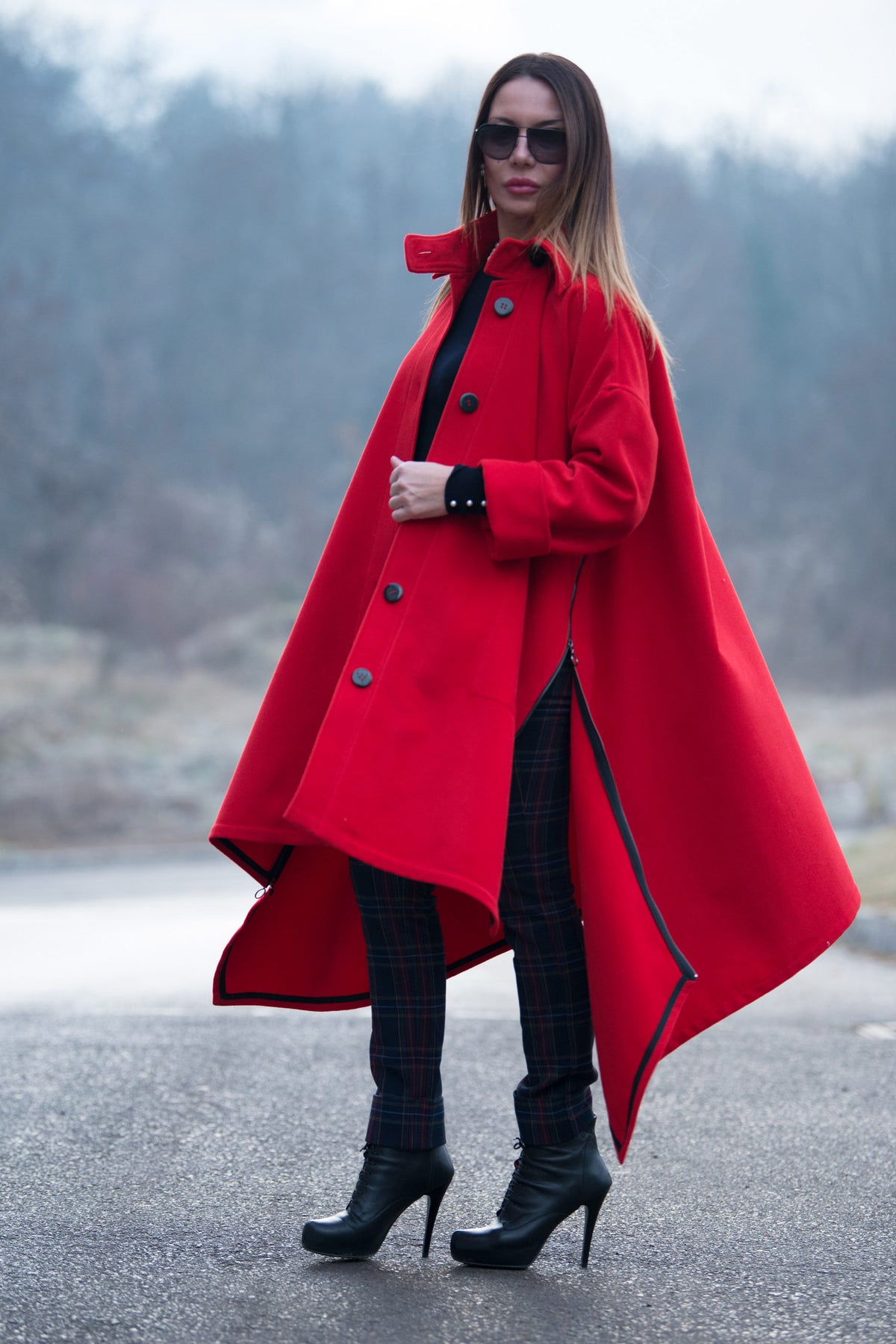 Red cashmere-feel cape coat with decorative side zippers and classic collar - asymmetric unlined design, Federica | EUG Fashion #red
