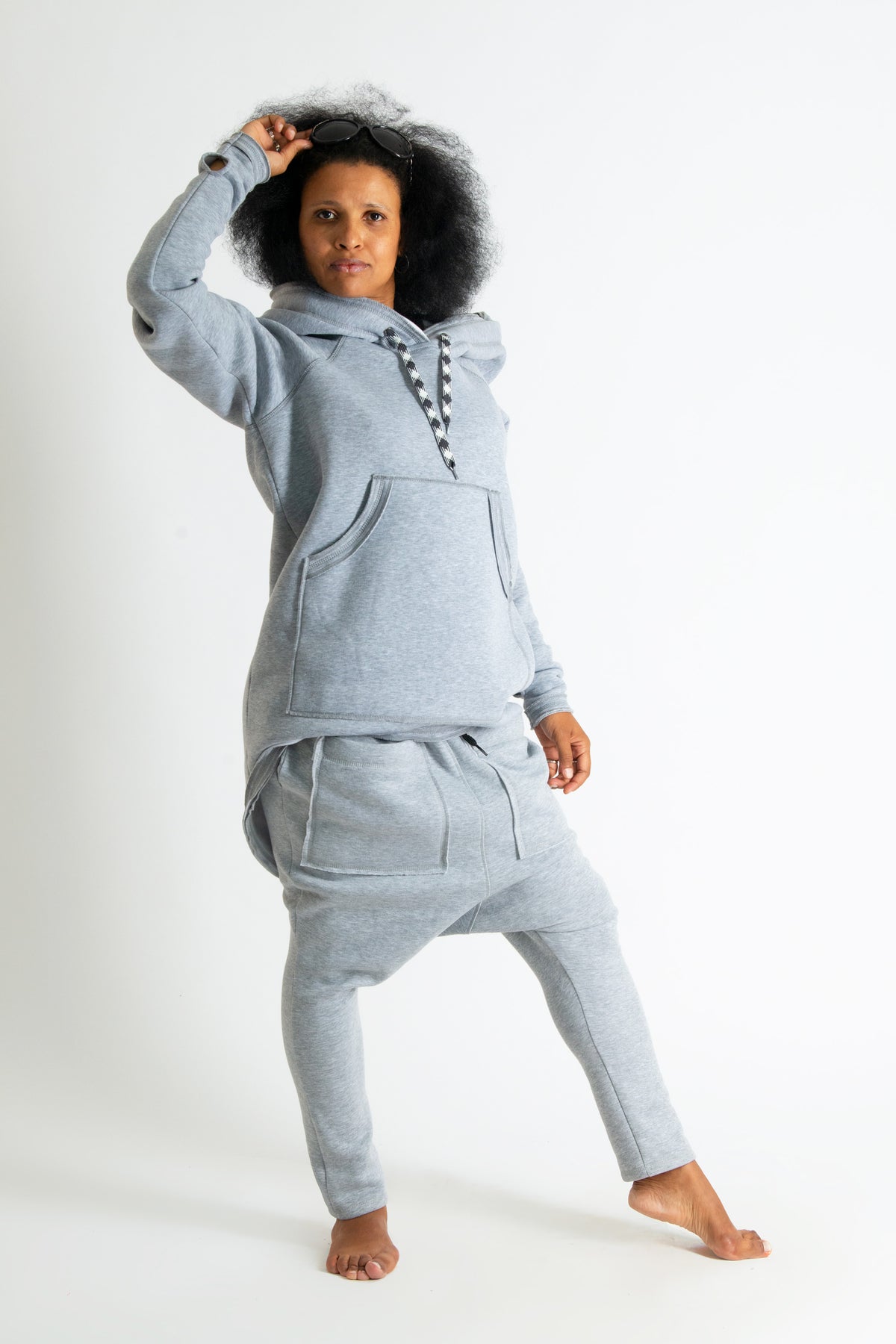 Light grey fluffy hooded tracksuit with asymmetric top and harem trousers - warm winter wadding fabric, Megan | EUG Fashion #light-grey