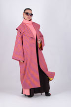 Pink-orange houndstooth cape coat with contrasting lining and wide sleeves - loose silhouette, Siri | EUG Fashion