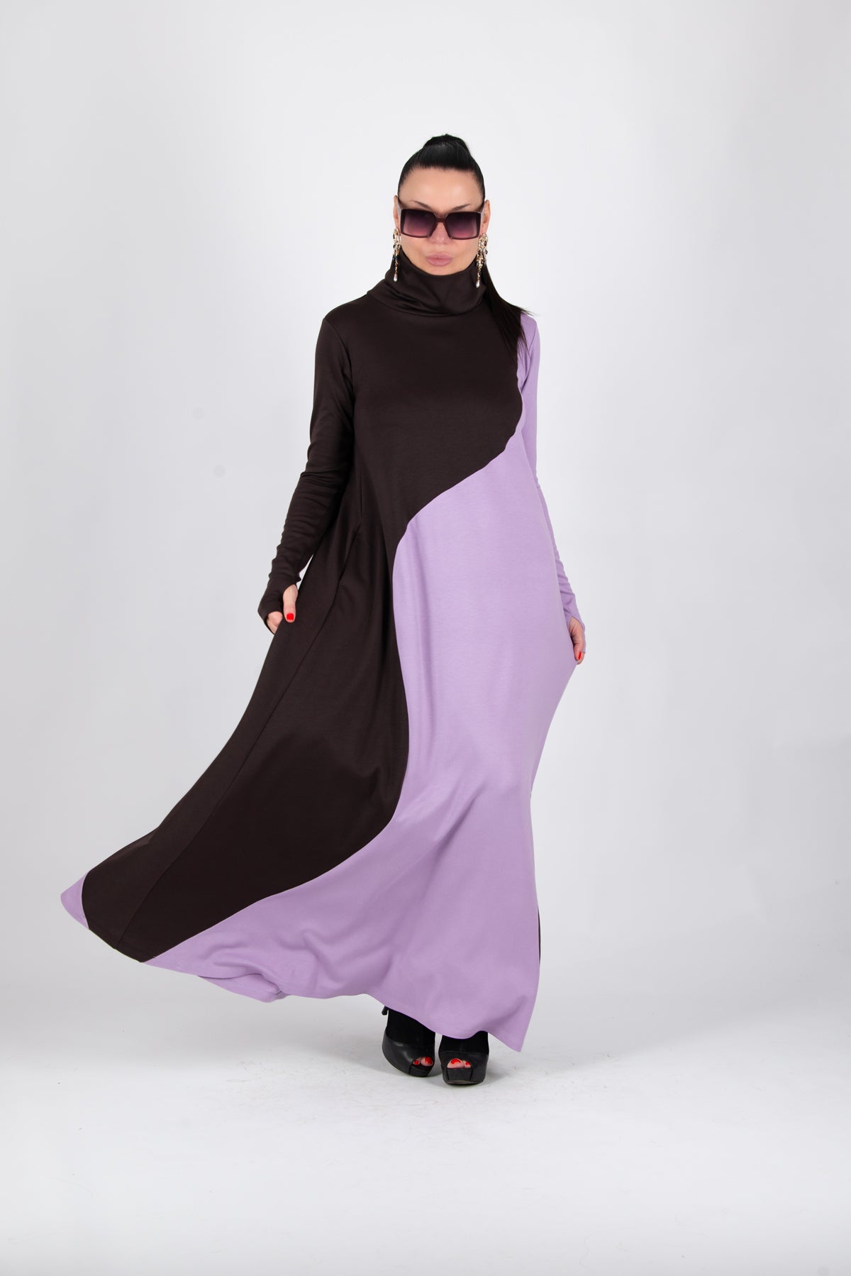 Light purple and chocolate brown A-line dress Vivian - EUG Fashion 