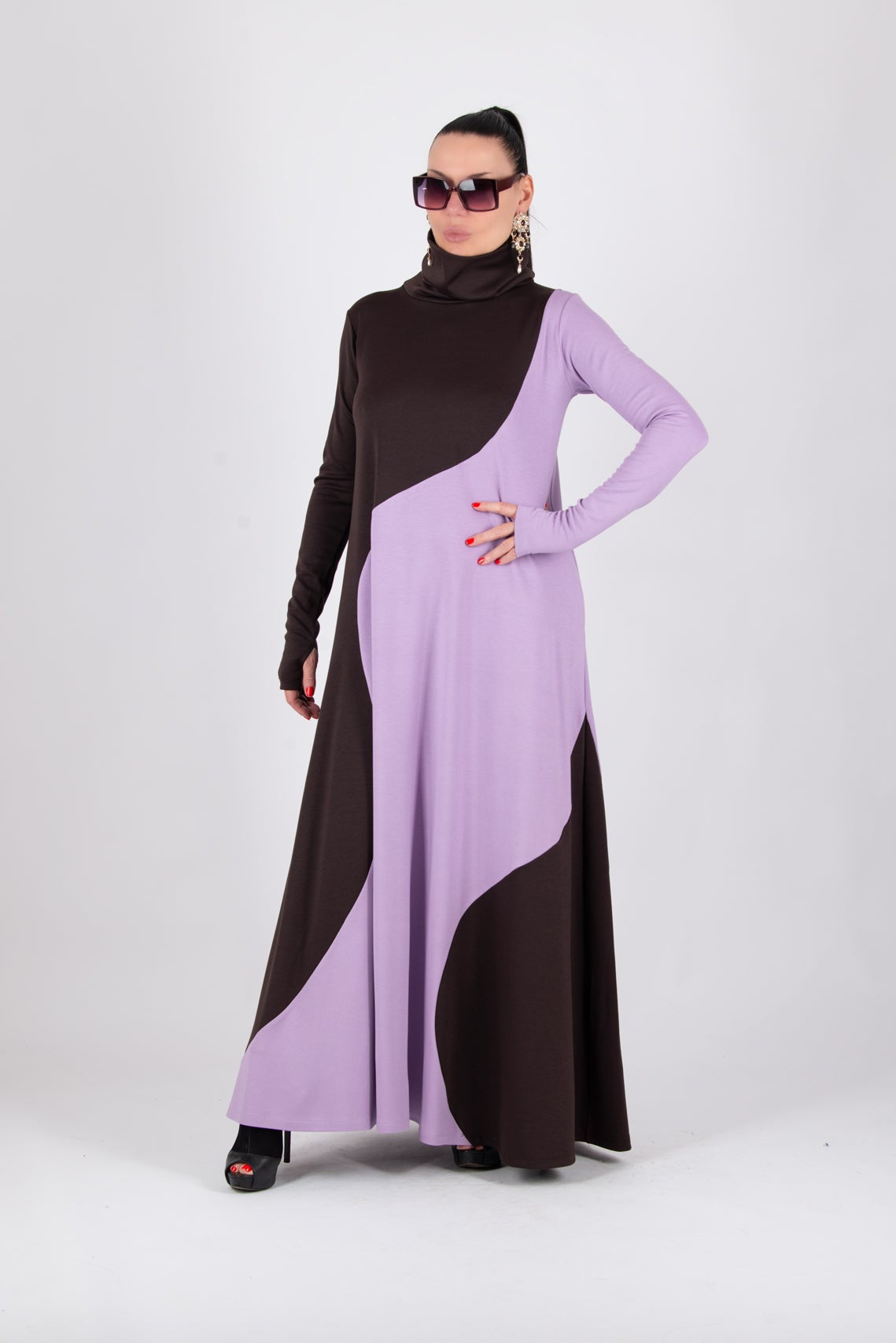 Light purple and chocolate brown A-line dress Vivian - EUG Fashion 