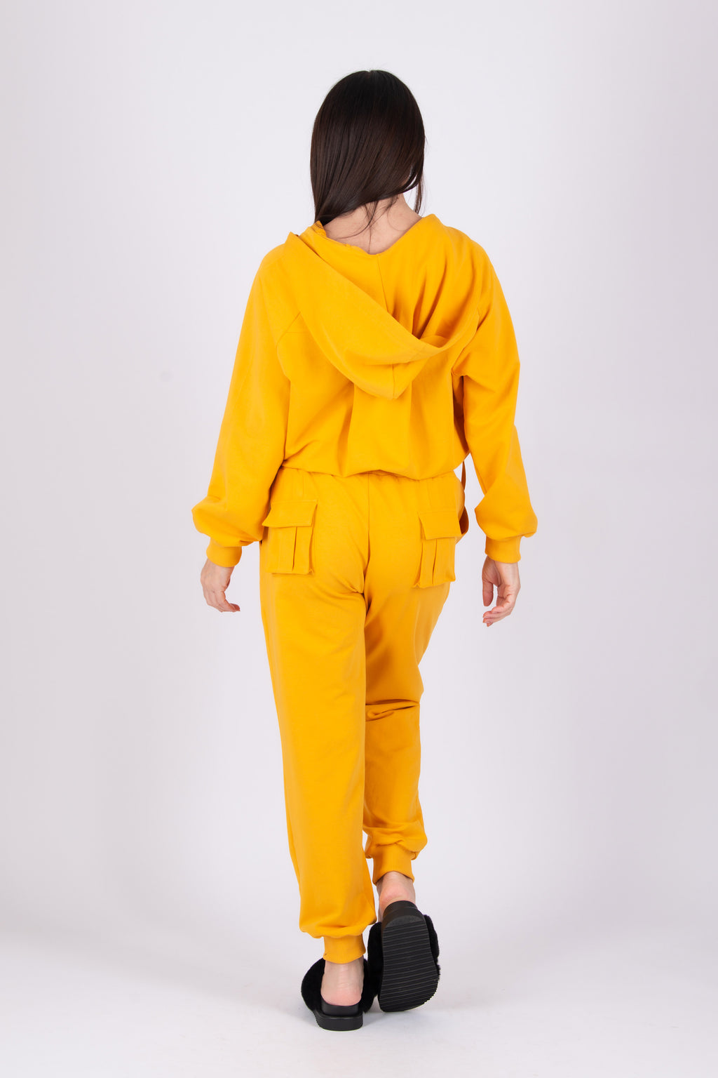 Mustard tracksuit - cotton with a little elastane, hooded zip-up top and harem pants with side and back pockets, Georgia | EUG Fashion #mustard