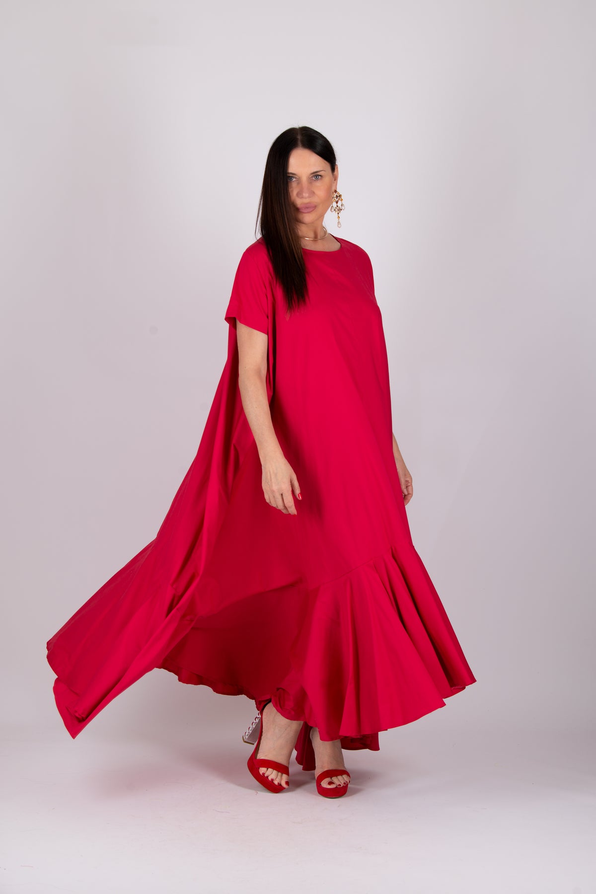 Long cotton a line dress #red