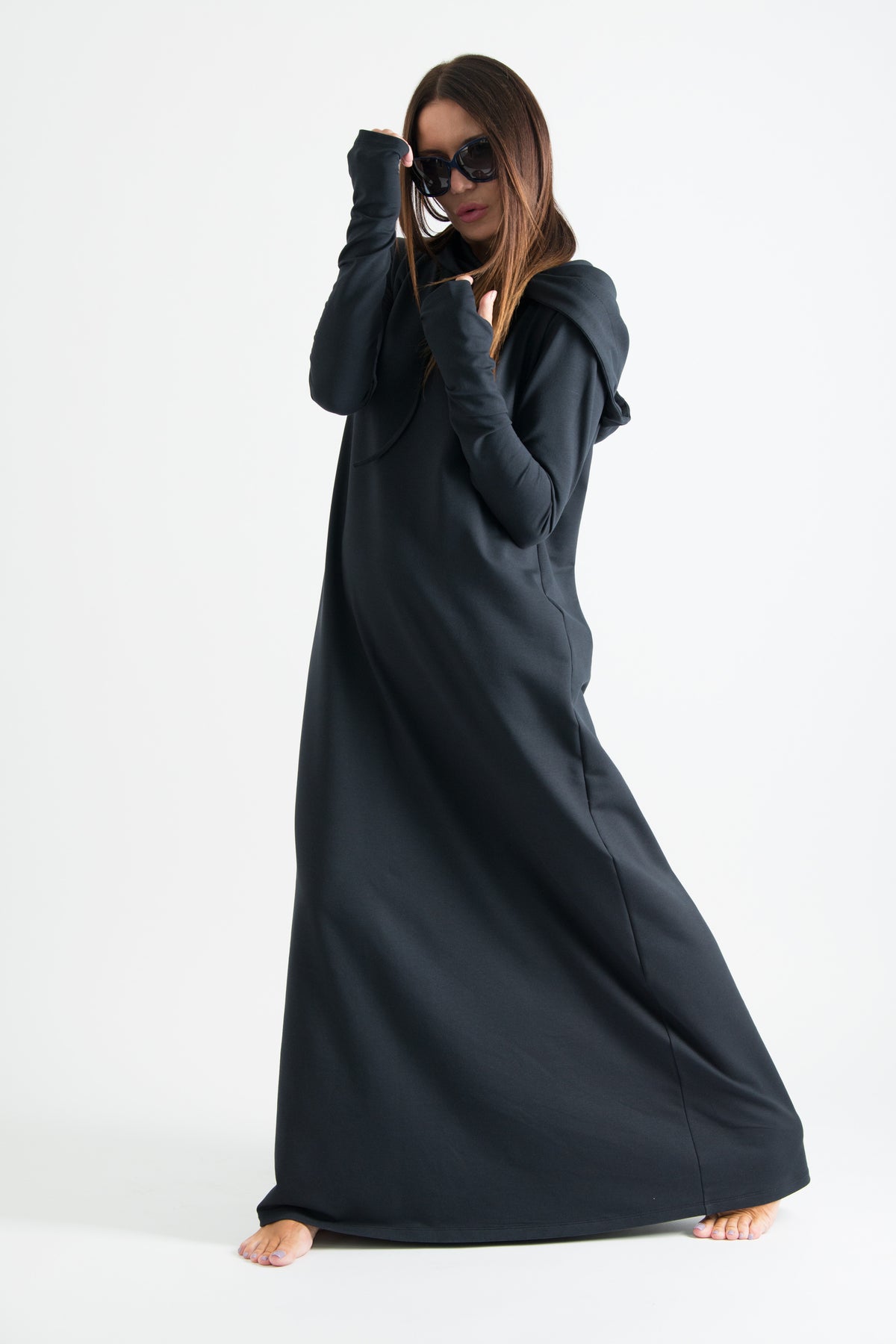 Black hooded maxi dress Tina cotton terry with neoprene back band - EUG Fashion #black
