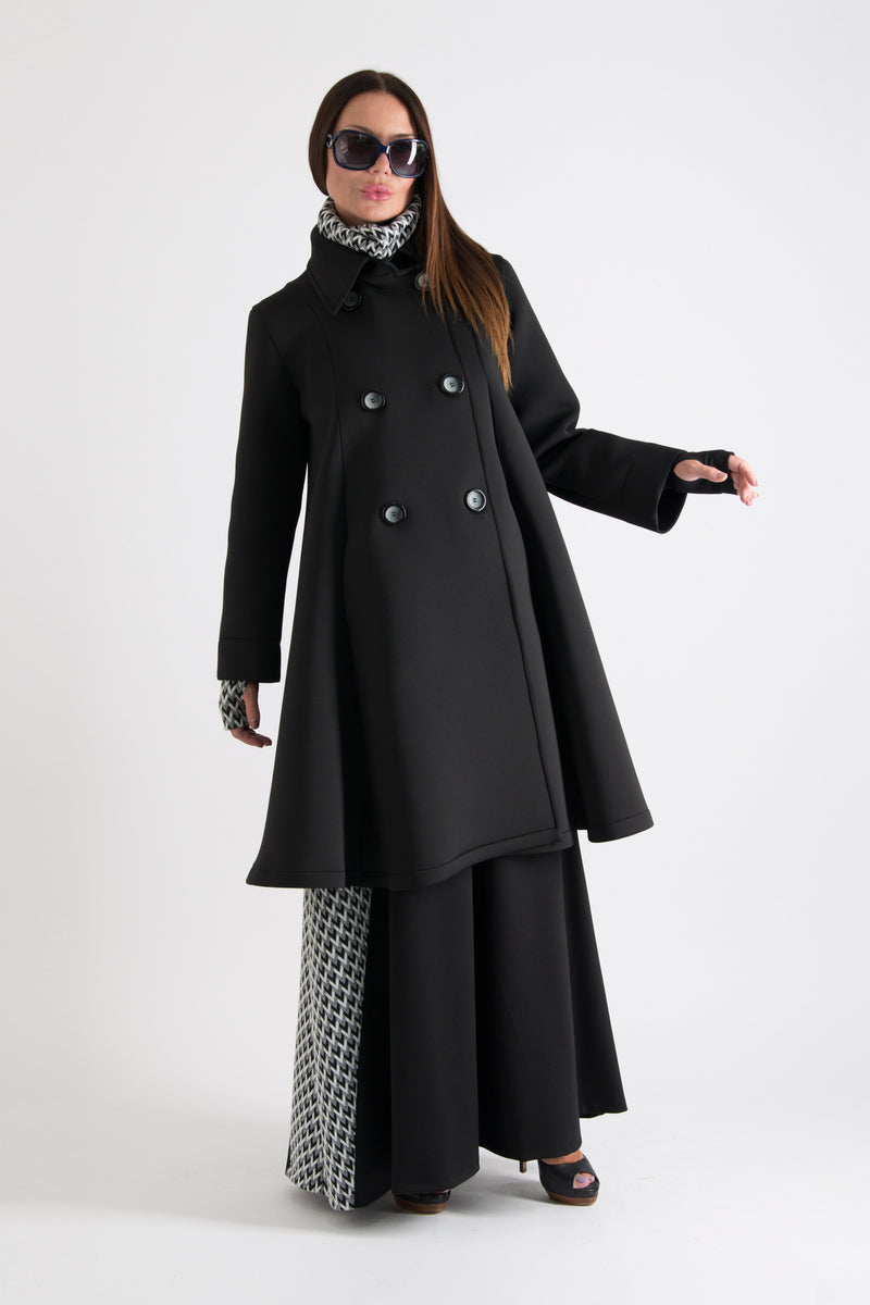 Black neoprene A-line blazer coat Kylie double-breasted - EUG Fashion #black
