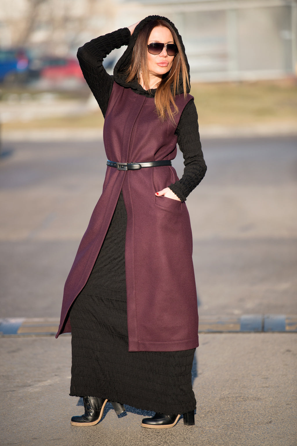 Dark red long sleeveless wool-feel vest with single-button closure - lightweight layering piece, Irene | EUG Fashion #dark-red
