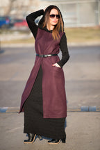 Dark red long sleeveless wool-feel vest with single-button closure - lightweight layering piece, Irene | EUG Fashion #dark-red
