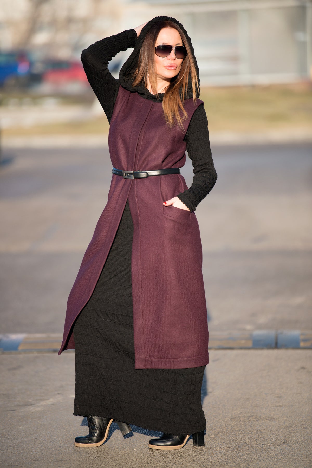 Dark red long sleeveless wool-feel vest with single-button closure - lightweight layering piece, Irene | EUG Fashion #dark-red
