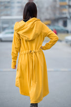 Mustard cotton terry zip-up hoodie - asymmetric cut, waist drawstring and two fastening tabs, Brandy | EUG Fashion #mustard
