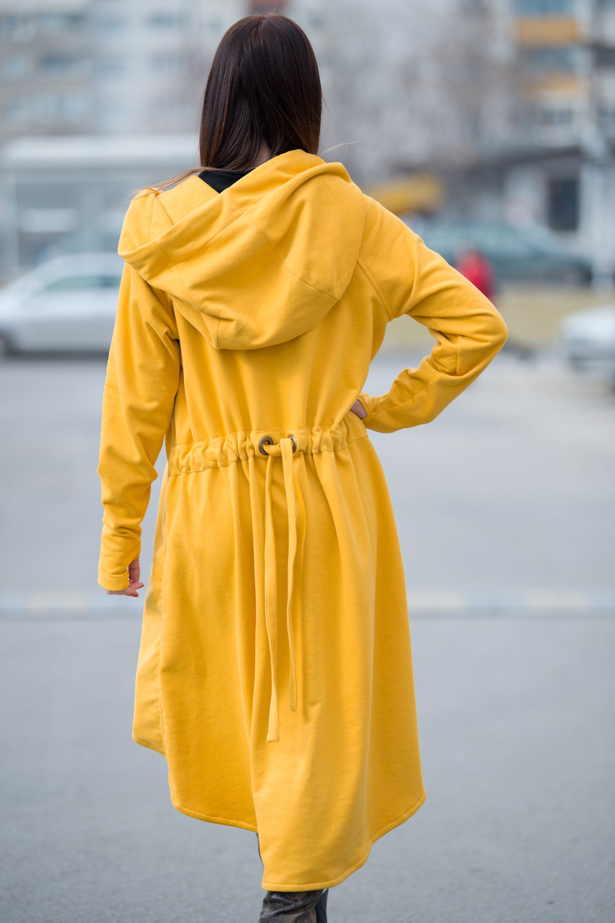 Mustard cotton terry zip-up hoodie - asymmetric cut, waist drawstring and two fastening tabs, Brandy | EUG Fashion #mustard