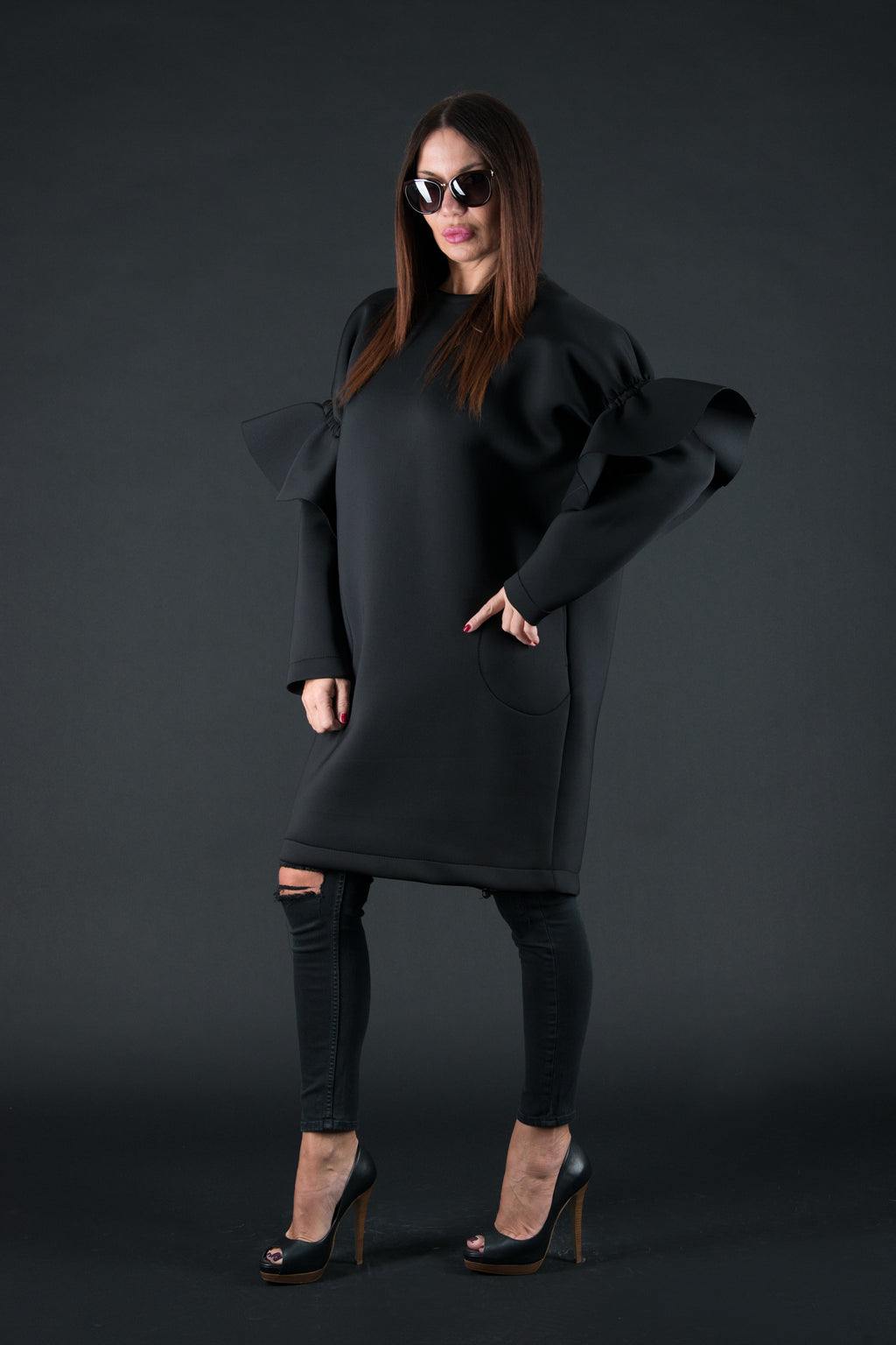 Black neoprene knee-length dress Ester - EUG Fashion #black
