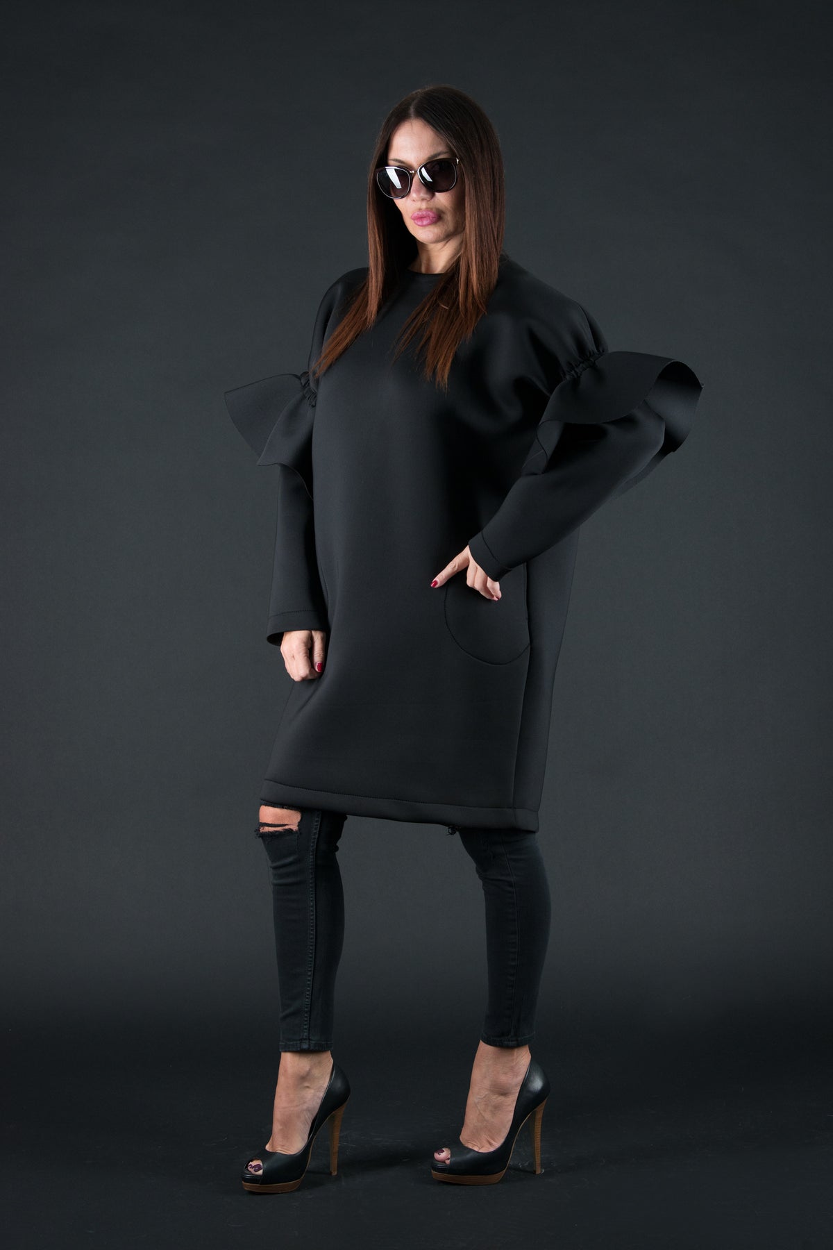 Black neoprene knee-length dress Ester - EUG Fashion #black
