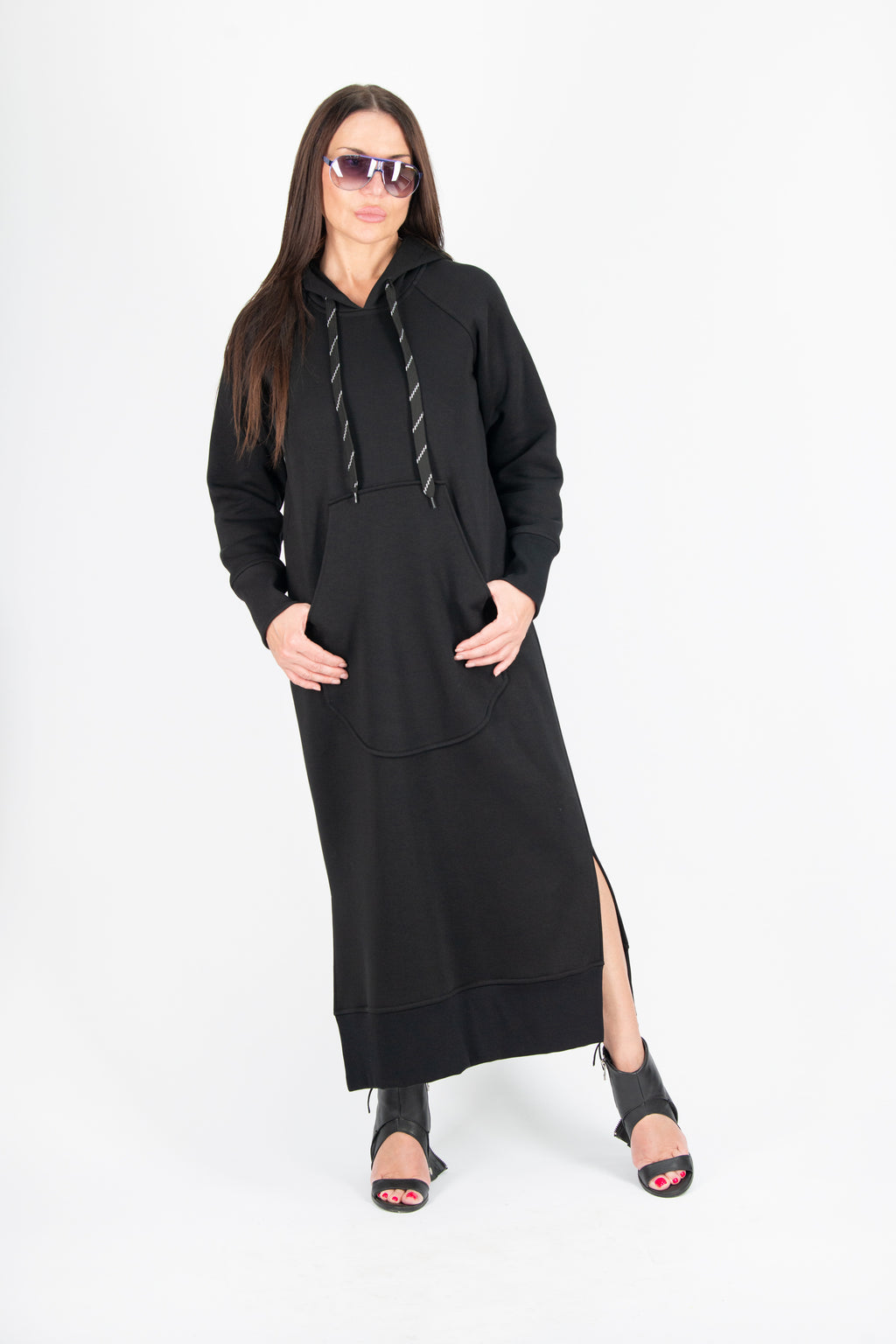 Black cotton fleece hooded dress - loose long silhouette, kangaroo pocket and two side slits, Suzana | EUG Fashion #black