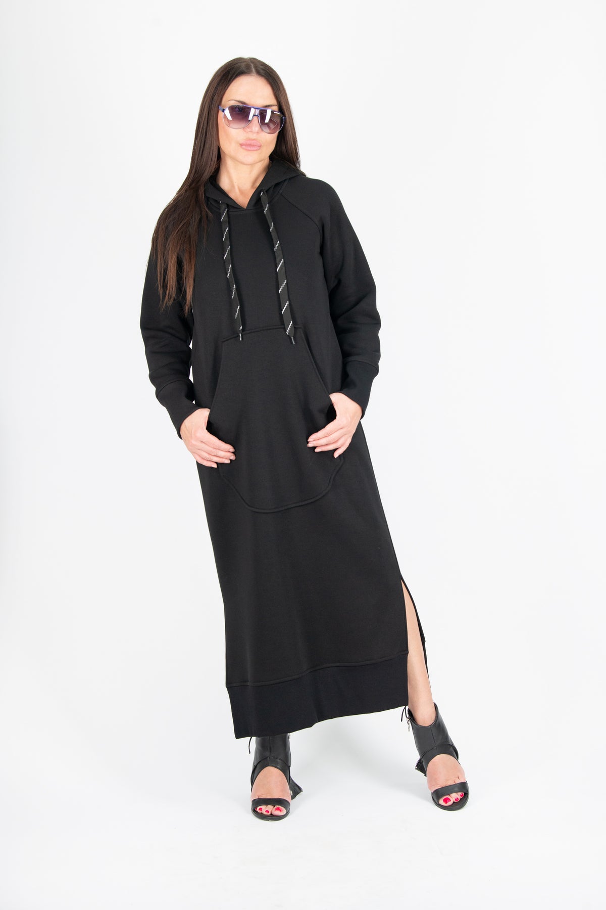 Black cotton fleece hooded dress - loose long silhouette, kangaroo pocket and two side slits, Suzana | EUG Fashion #black