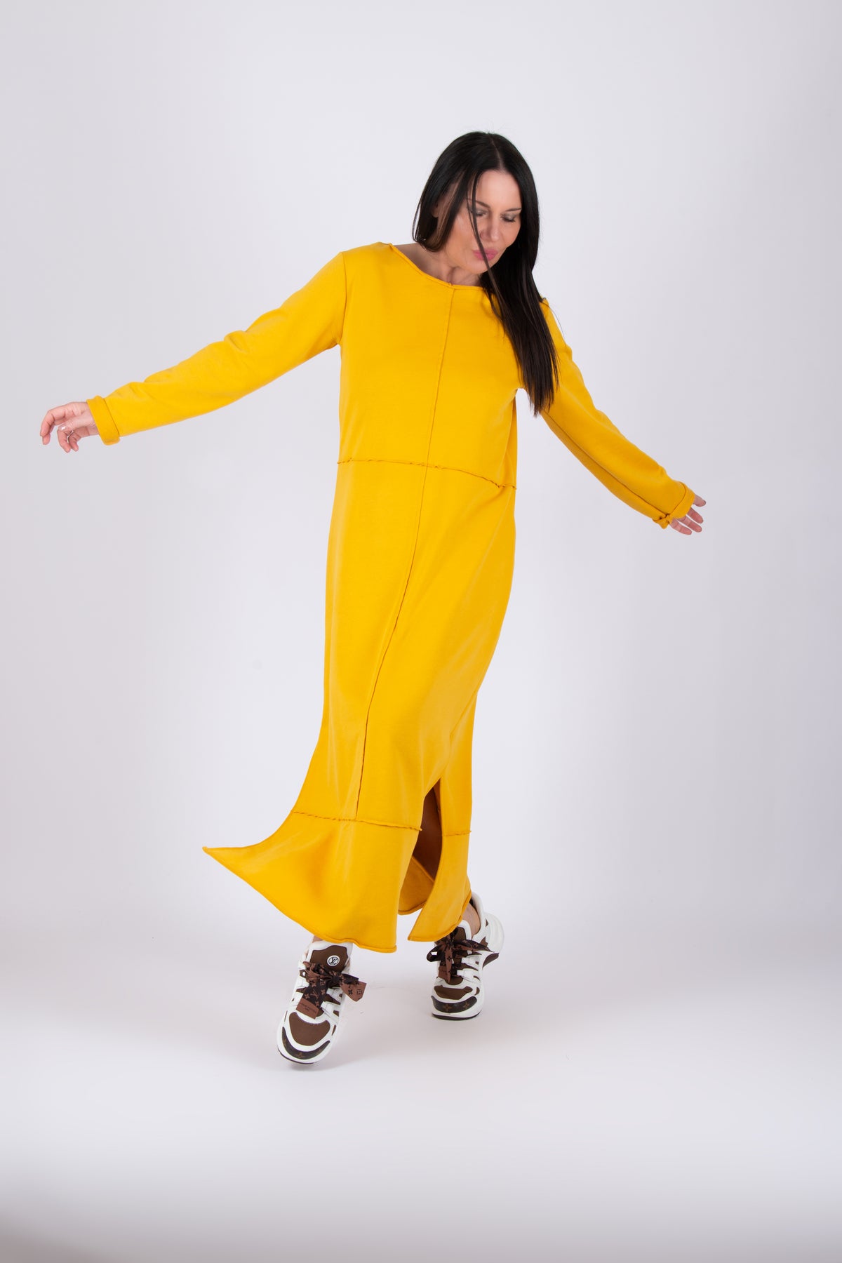 Mustard cotton terry long dress - loose silhouette, decorative raised seams, side pockets and two side slits, Gabrielle | EUG Fashion #mustard