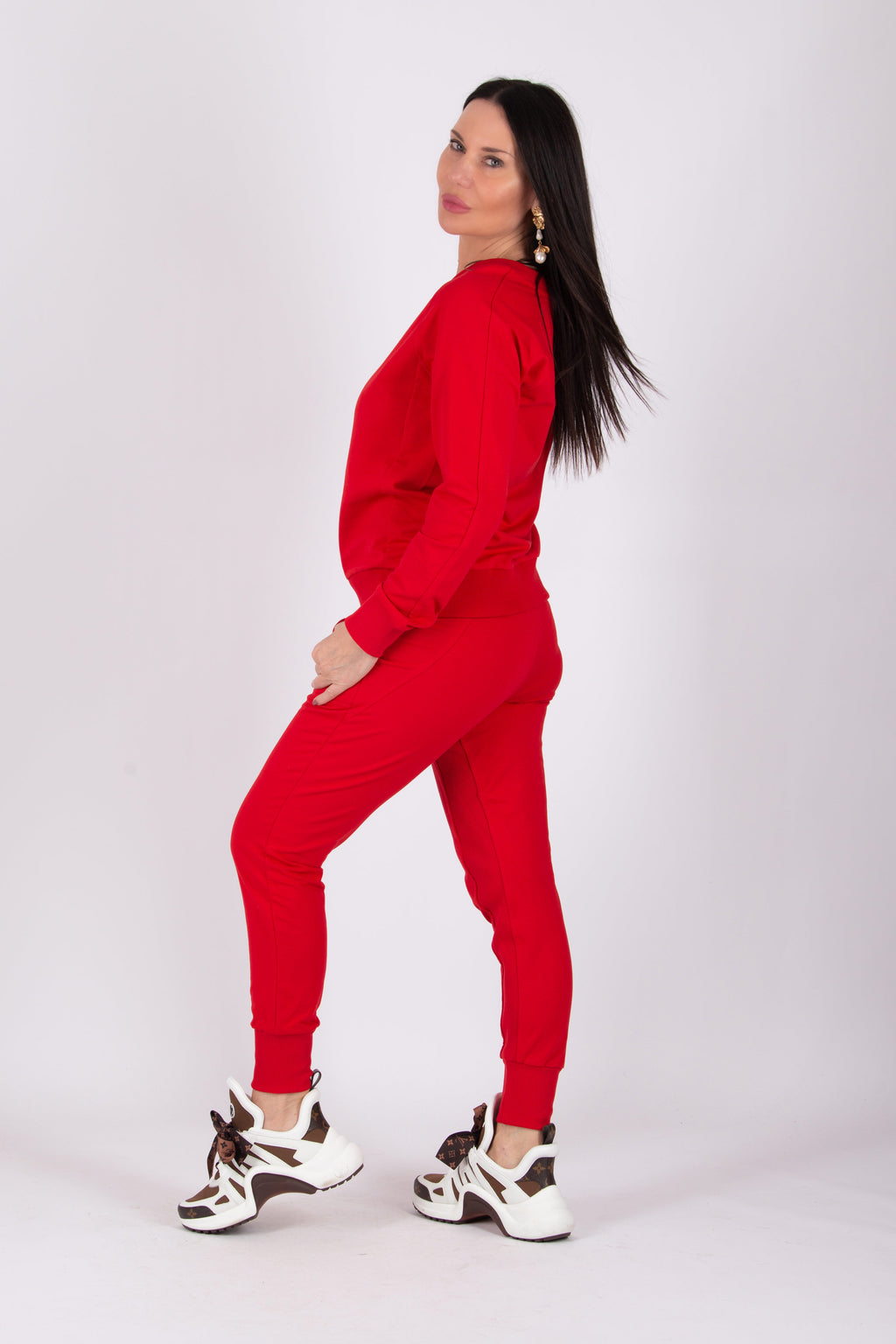 Red tracksuit - slim-fit cotton terry sweatshirt and pants with Manhattan Collection lettering, Gery | EUG Fashion #red