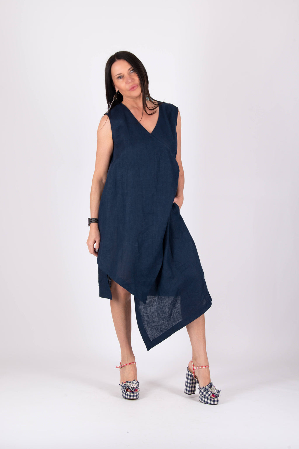 woman wrap linen dress-Eug fashion #dark-blue