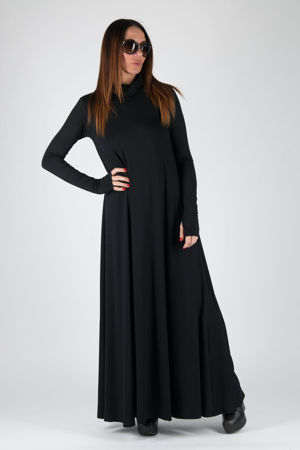 Black punto milano turtleneck maxi dress Vivian with thumb holes and pockets - EUG Fashion #black
